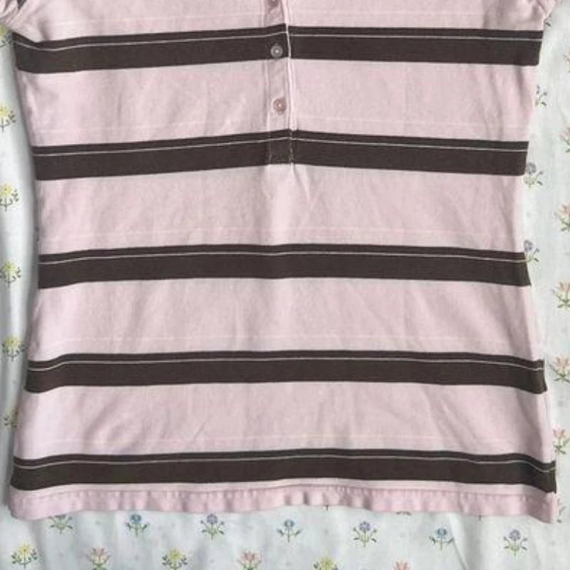 Striped Polo Collar Sweet Slim Shirt Women Short Sleeves Casual Harajuku Crop Top Japanese Style New Vintage Y2K Clothing 2025