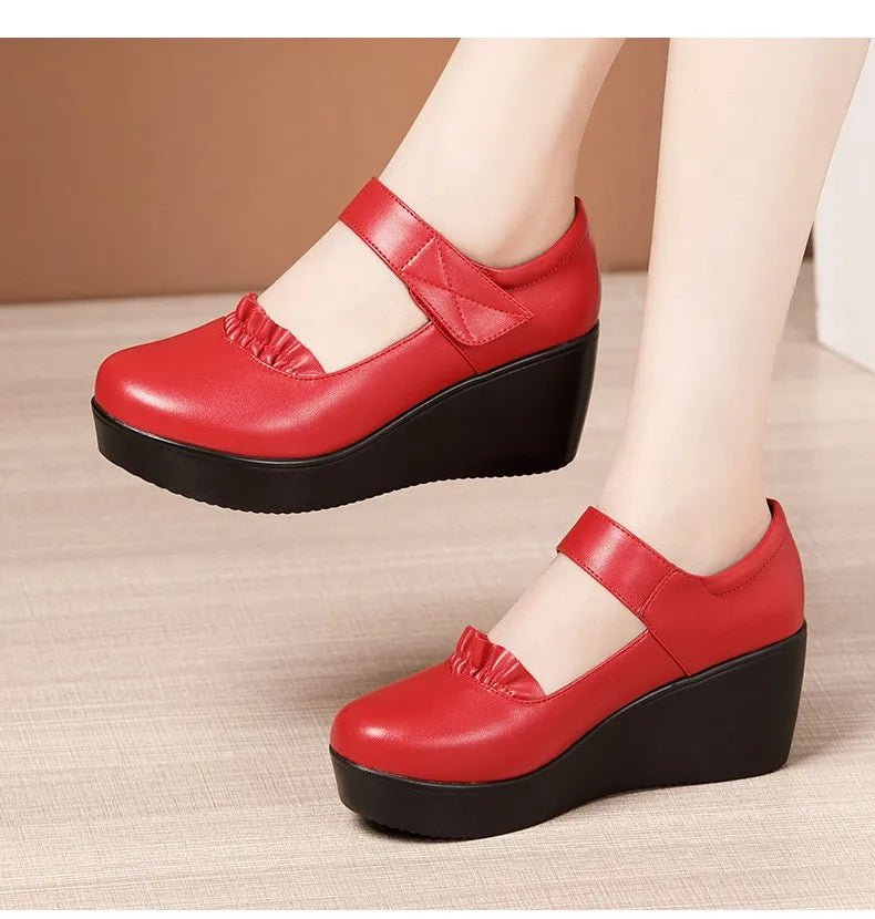 6cm Small Size 32-43 Comfortable Med Heels Pumps Soft Leather Mary Janes 2026 Women's Platform Wedges Shoes for Office Mom Dance