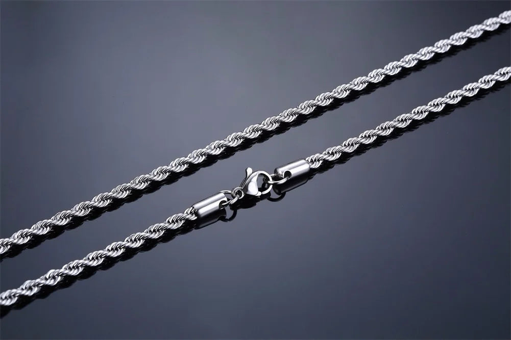 Casual Punk Rope Long Chain Necklace for Men Women,Silver Gold Color Stainless Steel Twisted Chain Collars,Hiphop Jewelry Gift