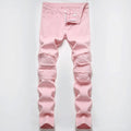 Men's Pleated Patch Denim Biker Jeans Streetwear Pink White Cotton Pants Ripped Patchwork Slim Straight Trousers