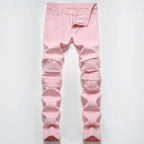 Men's Pleated Patch Denim Biker Jeans Streetwear Pink White Cotton Pants Ripped Patchwork Slim Straight Trousers