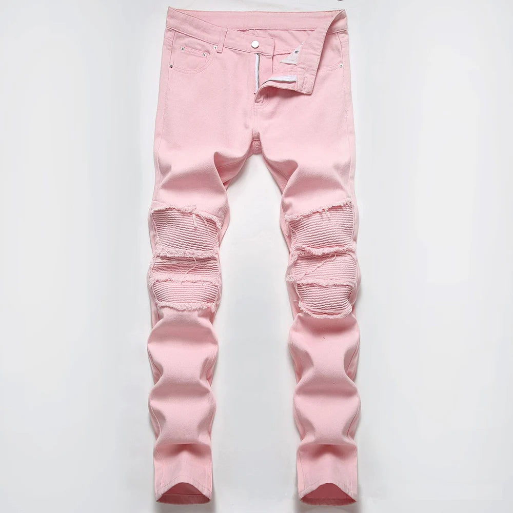 Men's Pleated Patch Denim Biker Jeans Streetwear Pink White Cotton Pants Ripped Patchwork Slim Straight Trousers