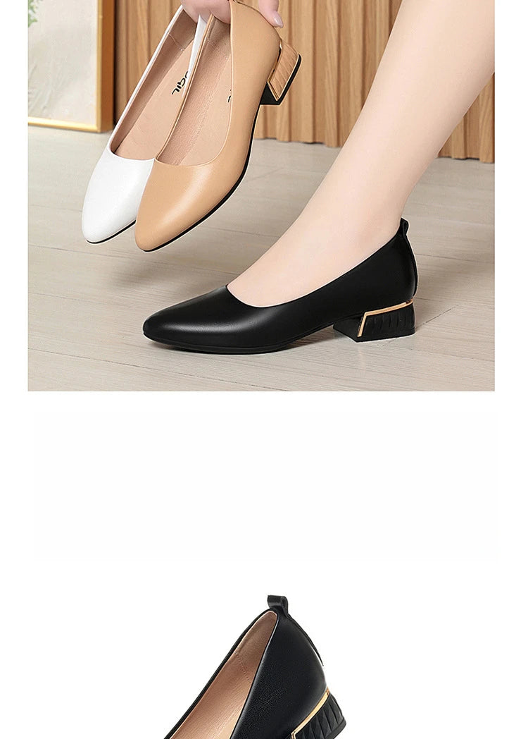2026 Summer Women's Soft Leather Chunky Heel Pumps  Pointed Toe Low Heel Office Shoes White Work Dress Shoes Size 35-41