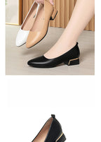 2026 Summer Women's Soft Leather Chunky Heel Pumps  Pointed Toe Low Heel Office Shoes White Work Dress Shoes Size 35-41