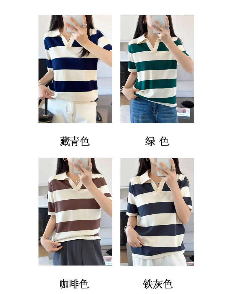 WinvyNee Summer Half Sleeved Women's Solid Polo Shirt Casual Cotton Striped Top T-shirt Women Clothing Casual Knitted A1002022