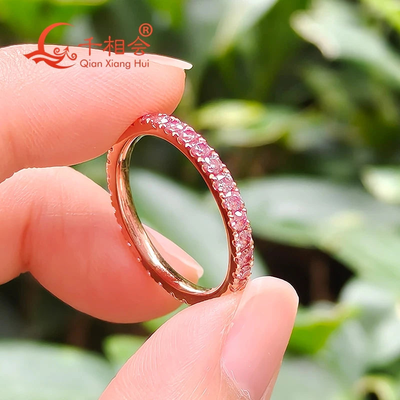 Pink Color 2mm Round Moissanite Full Eternity Ring Band Yellow / Rose Gold Plated S925 Silver Diamond Engagement Jewelry