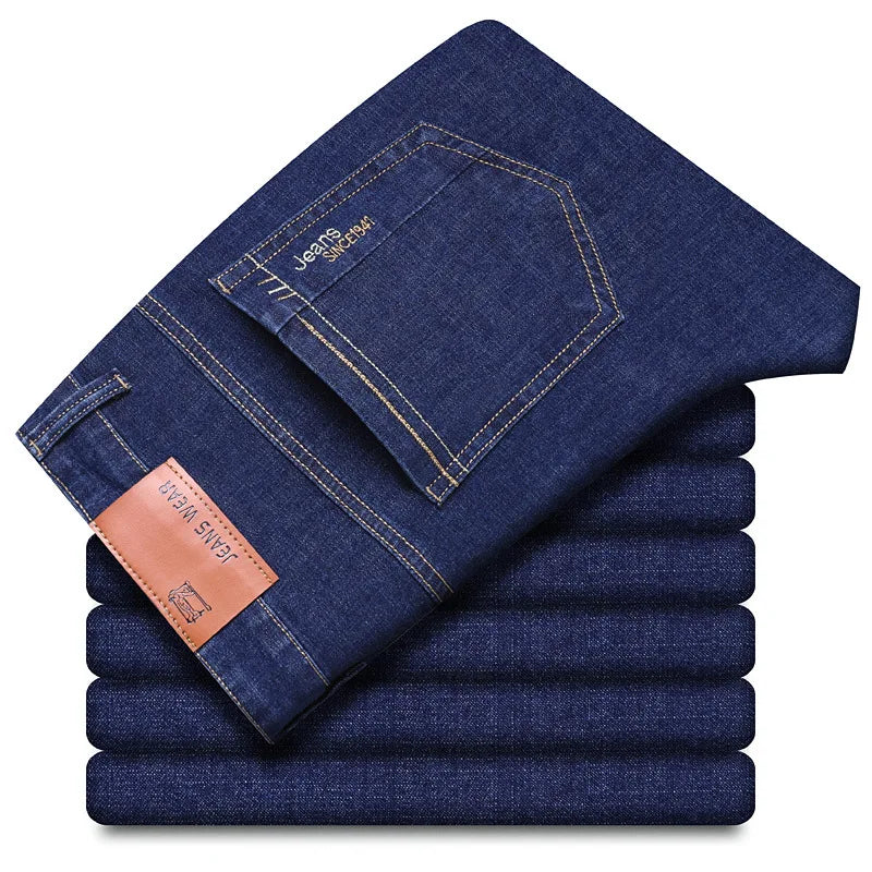 2026 Summer Thin Men's Elastic Cotton Jeans Fashion Blue Comfortable Business Straight Casual Pants Brand Male Clothes Trousers
