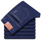 2026 Summer Thin Men's Elastic Cotton Jeans Fashion Blue Comfortable Business Straight Casual Pants Brand Male Clothes Trousers