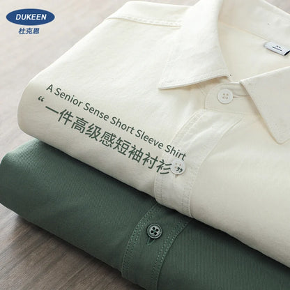 Dukeen Heavyweight Short-Sleeved Shirt Men's Summer Solid Color Lapel Pocket Casual Shirt Cotton White Shirts
