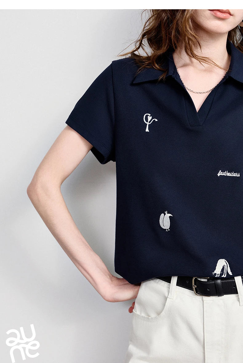 TOYOUTH Women Polo T-Shirt 2026 Summer Joint Name with Gongchangzhang Embroidered V-Neck Age-Reducing Trendy Tops