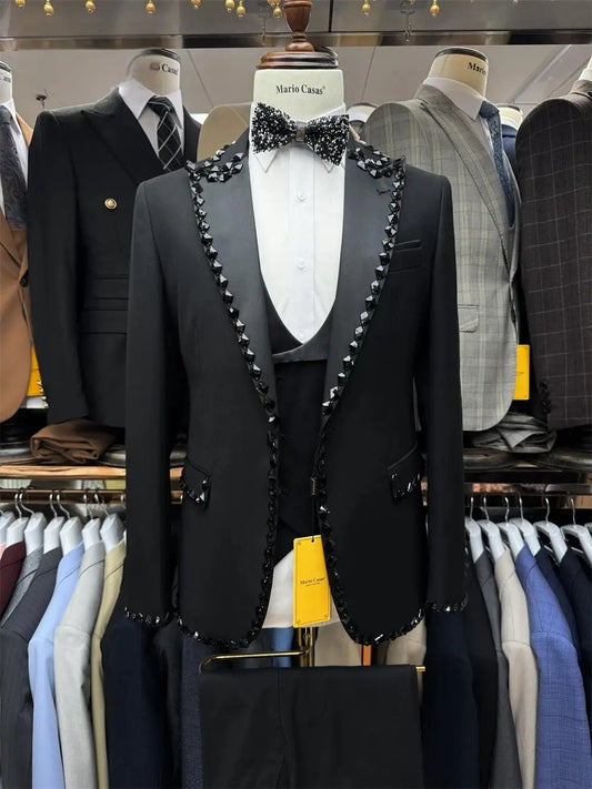Black Men Suits Set 3 Pieces BlazerVest Pant Crystals Prom Groom Wedding Tuxedos Tailored Made Formal Office Jacket Outfit