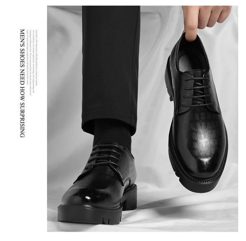 Men's Thick-Soled Low-Cut Business Formal Leather Shoes With Lace-Up Height Increase Groom's Wedding Shoes With Suit Shoes