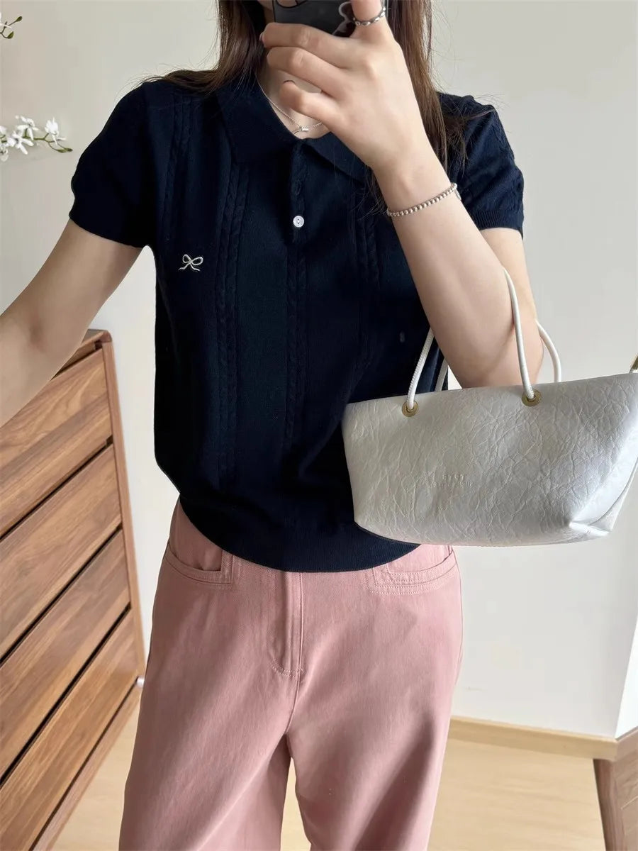 AOSSVIAO 2026 Summer New Korean Fashion Slim Polo shirt Knitted Short Sleeve T-shirt Sweet Bow Embroidered Knitted  Women Tops