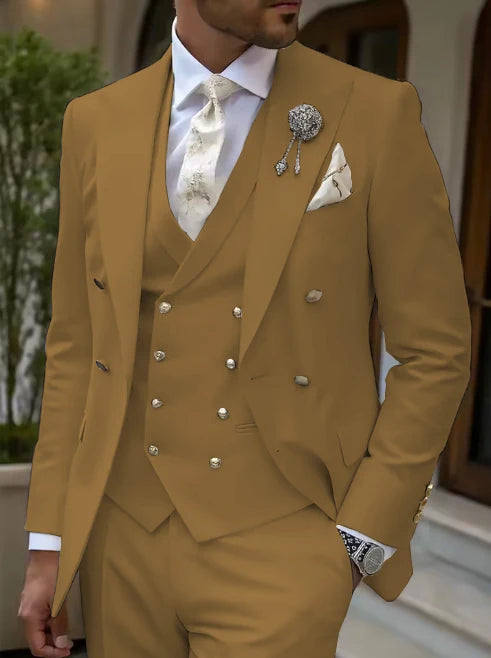 Men's 3-Piece Tuxedo Suit Set High-Quality GoldenButton Blazer Vest And Pants Wedding Business Gentleman's Suit
