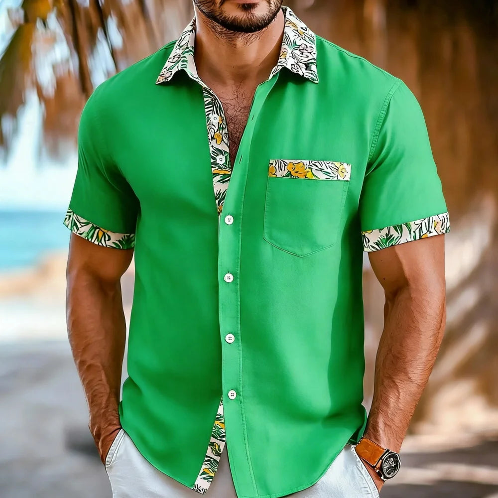 Men's Plus Size Short Sleeve Lapel Shirt with Patchwork Pocket 10 Color Printed Fashionable Designer Comfortable Shirt