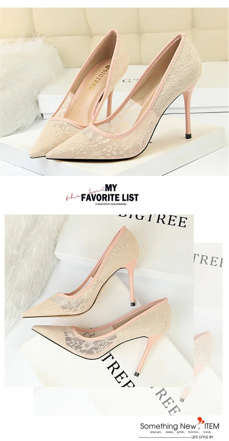 2024 Black Flower Lace Mesh Pumps Women Pointed Toe Shallow Fashion Party Single Shoes Show Thin High Heel Office Shoes