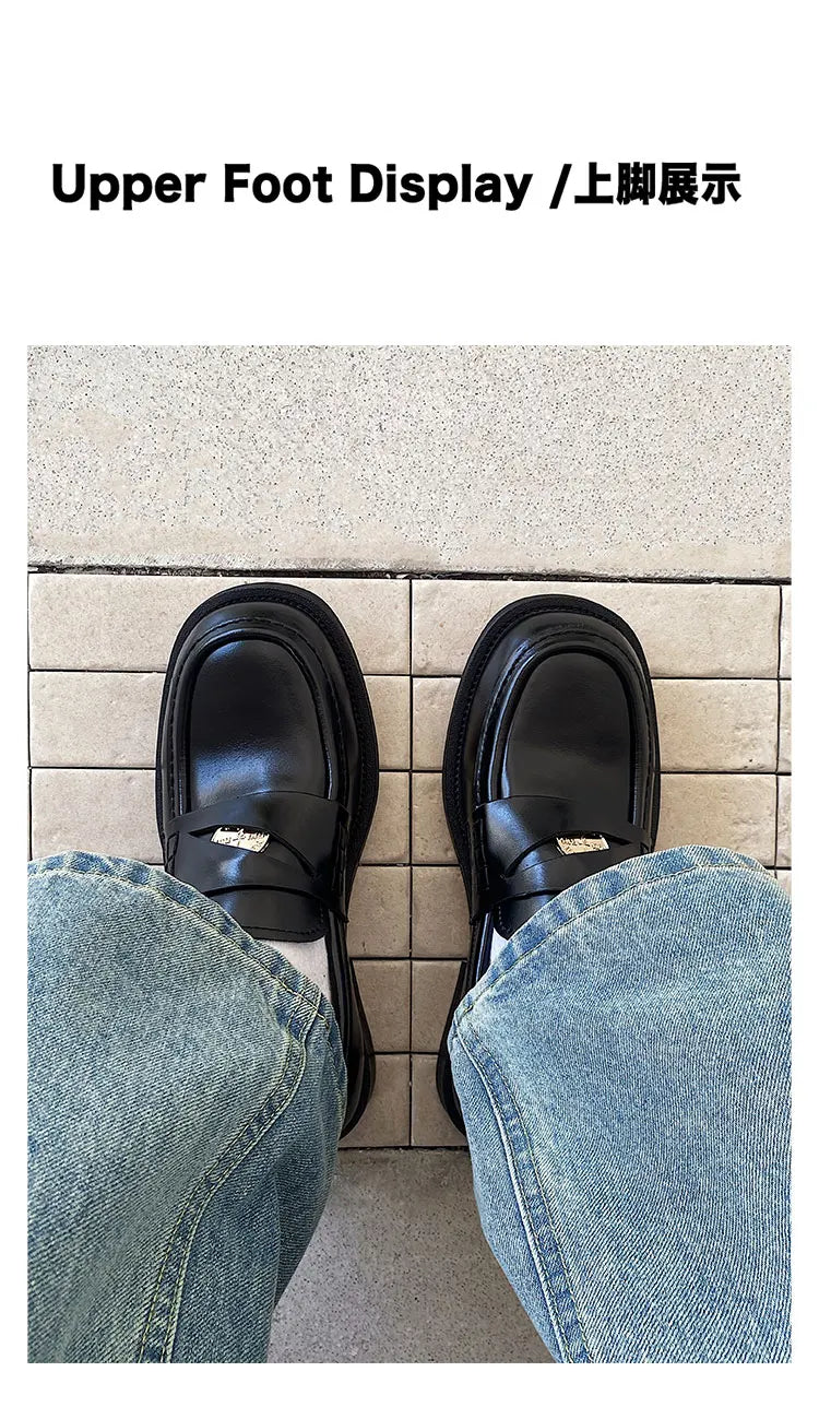 Slip in formal leather shoes for men's autumn new style retro metal coin design Loafer comfortable black British dress shoes