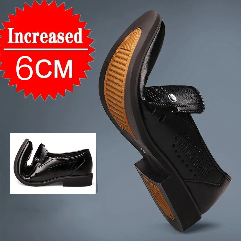 Men's Breathable Hollow Out Elevator Dress Leather Shoes Spring Summer 6cm Height Increase Business Slip-On Formal Office Shoes