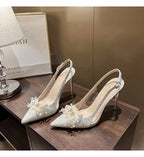 French Bride Gold Wedding Shoes spring women Thin Heel Pointed Shallow Mouth Flower Rhinodrill High Heels  Fashion Sandals