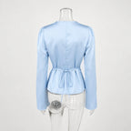 Tornova Elegant Satin Lace T Shirt Women's Long Sleeve Casual V Neck Lace Up Top Fashion Single Breasted Female Commute T Shirt