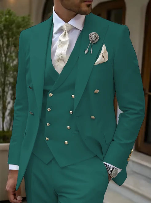 Men's 3-Piece Tuxedo Suit Set High-Quality GoldenButton Blazer Vest And Pants Wedding Business Gentleman's Suit