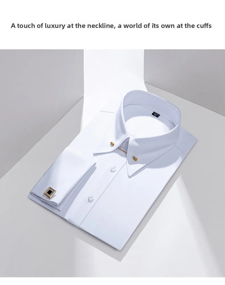 Men's Empire Neck French Cufflink Shirt Slim Fit Business Dress Assorted Cufflinks Lead Needle Large Tip Neck Men's White Shirt