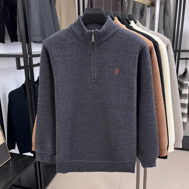 Luxury Quality Men Long-Sleeved Knitwear Mock Neck Half-Zip Thicken Horse Embroidery Spring New Pullover Fashion Casual MensWear