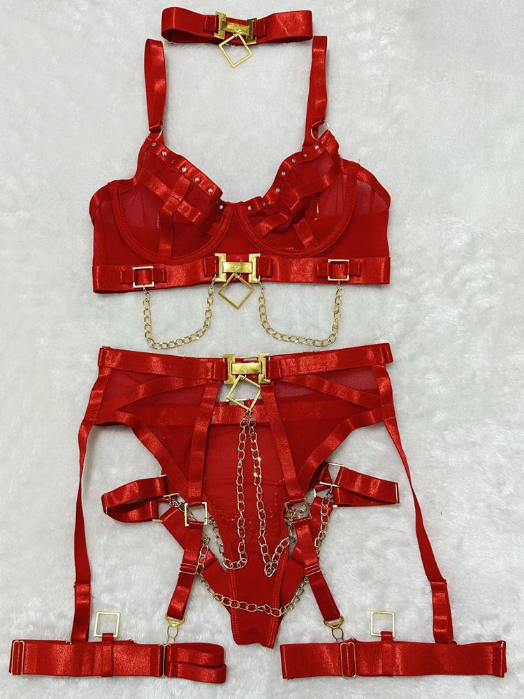 Belamimi 4 Piece Set Sexy Chain Halter Underwear Set For Women Erotic Lingerie Temptation Sexy Role Play Chain Underwear Set