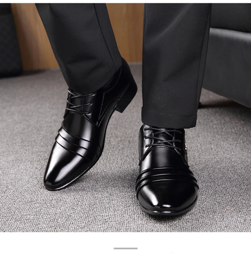 Mens Black Genuine Leather Cap Toe Lace Up Formal Business Office Groom Wedding Daily Wear Dress Shoes British Style Fashion