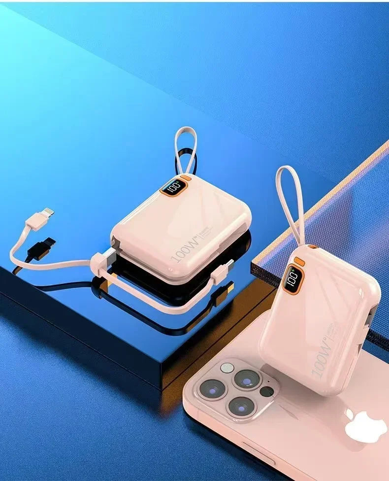 Portable Mini Power Bank, 66W, 20000mAh, Built-in Cable, PD20, Super Fast Charging, Compact, New