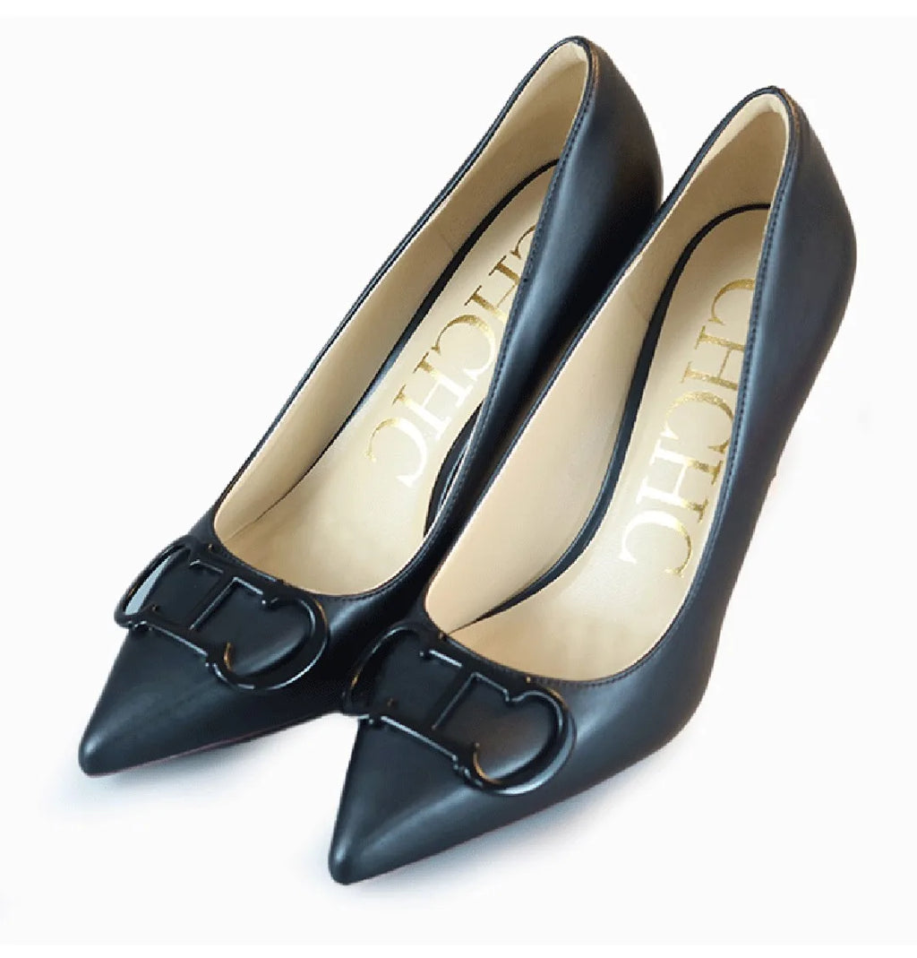 2026 CH Fashion Black Red Contrast Slingback Heels Women Pointed Toe Metal Buckle Stiletto High Heels Elegant Party Wedding