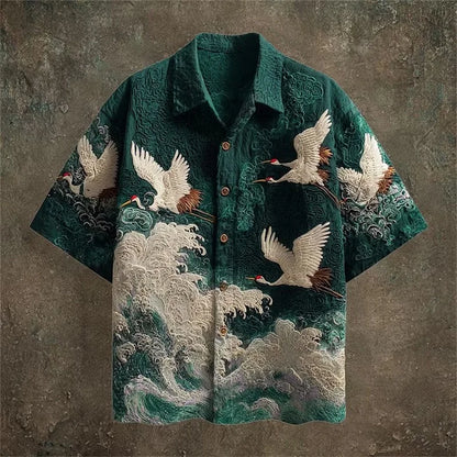 New dark green embossed dark pattern fabric with flying crane and wave printing for men's casual short sleeved shirt