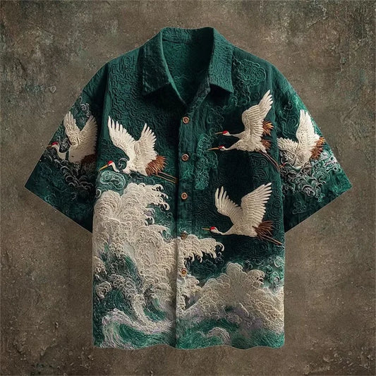 New dark green embossed dark pattern fabric with flying crane and wave printing for men's casual short sleeved shirt