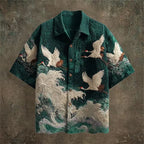 New dark green embossed dark pattern fabric with flying crane and wave printing for men's casual short sleeved shirt