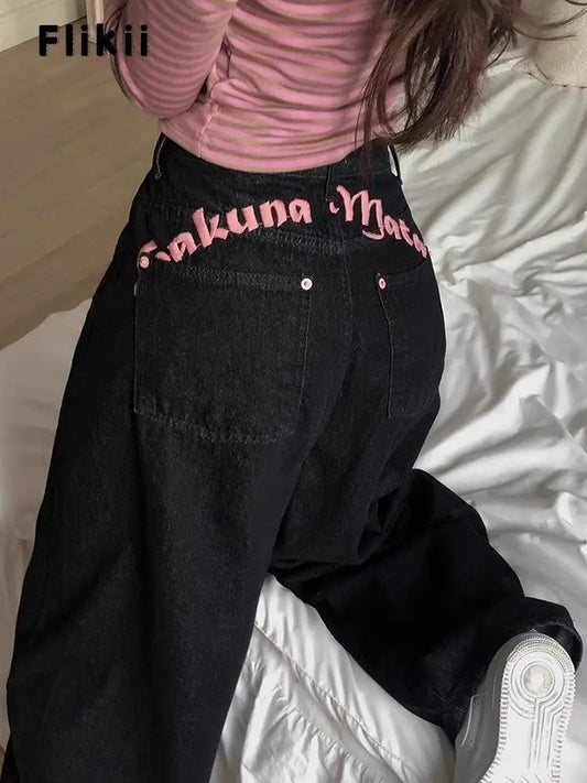 Women's Sweet Casual Full Length Baggy Denim Trouser Retro Emo Harajuku Loose Jeans Letter Embroidery High Waist Y2K 2000s Pants