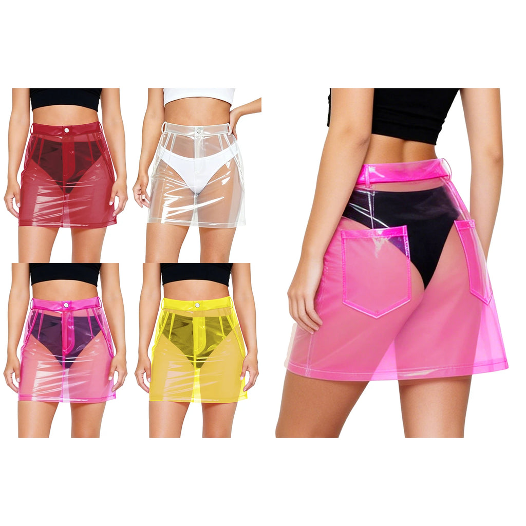 Transparent Pvc Disco Jazz Dance Bodycon Skirt for Women High Waist Pencil Miniskirt with Pockets See Through Cover Up Clubwear