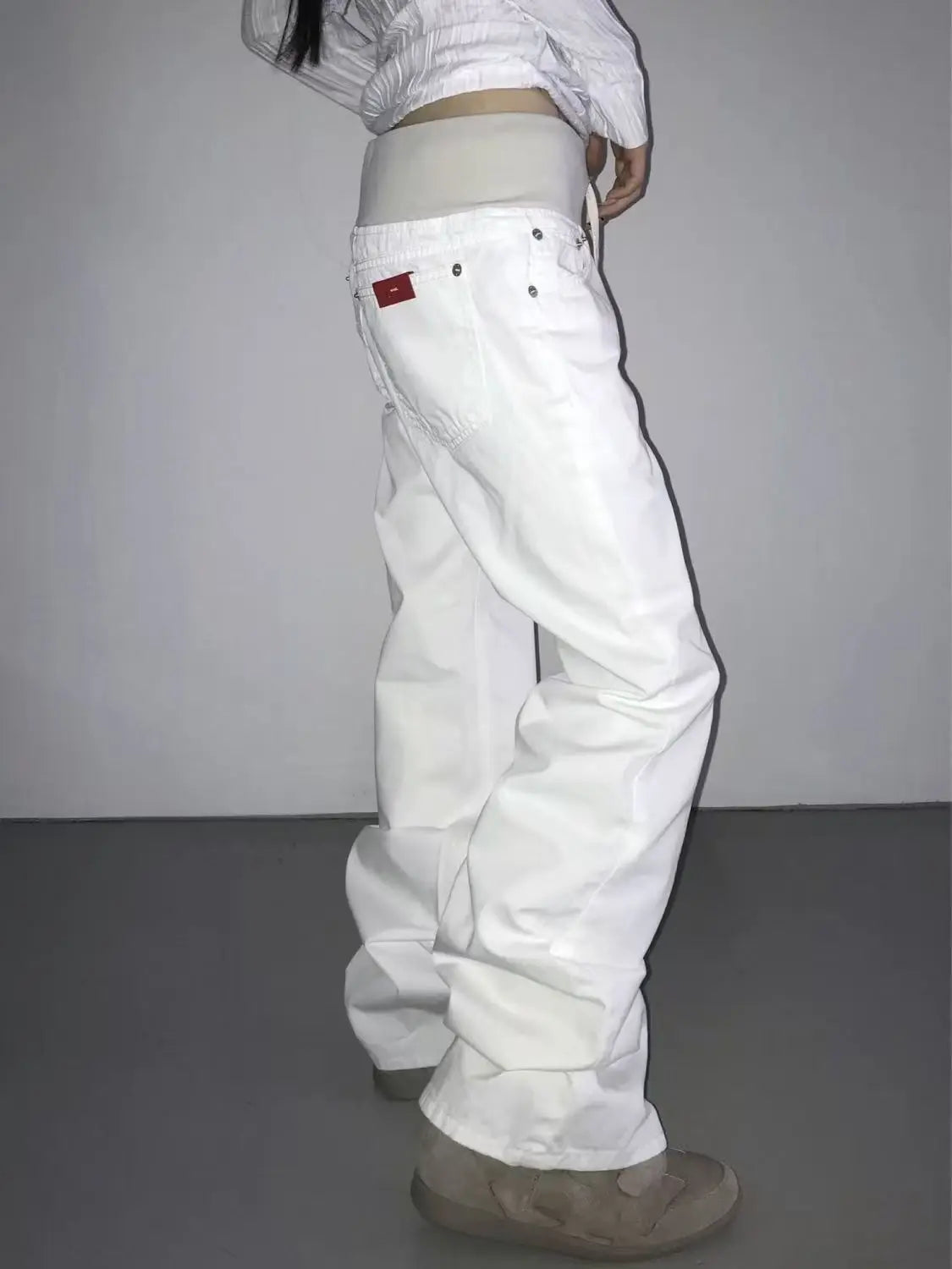 Women American Street Washed Spliced Elastic Waist Flare Jeans Plus Size Loose Drape Wide Leg Casual Trendy Denim Long Pants