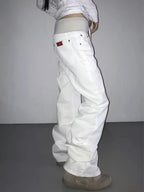 Women American Street Washed Spliced Elastic Waist Flare Jeans Plus Size Loose Drape Wide Leg Casual Trendy Denim Long Pants
