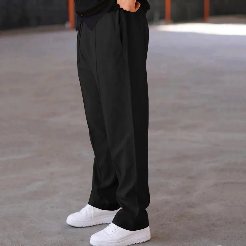Men Casual LooseStraight Leg Dress Pants Elastic Drawstring Waist Front Seam Plain Wide Leg Trousers Daily Street Vacation Relax
