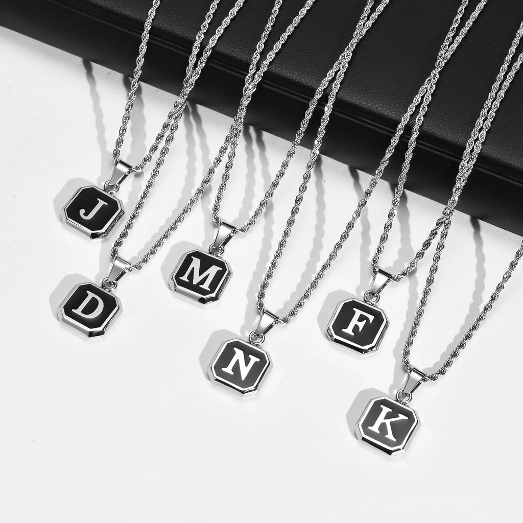 Initials Necklaces for Men Women,A-Z 26 Letters Black Square Stainless Steel Pendant Collar,45-60CM Twisted Rope Chain Gifts
