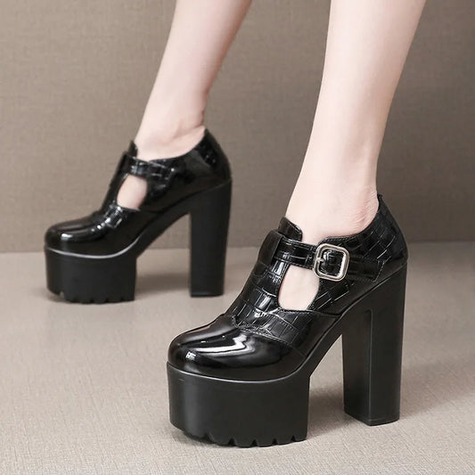 14cm Small Size 32-43 Elegant Patent Leather Mary Janes Chunky Platform Pumps 2025 Spring Block High Heels Shoes for Model Dress