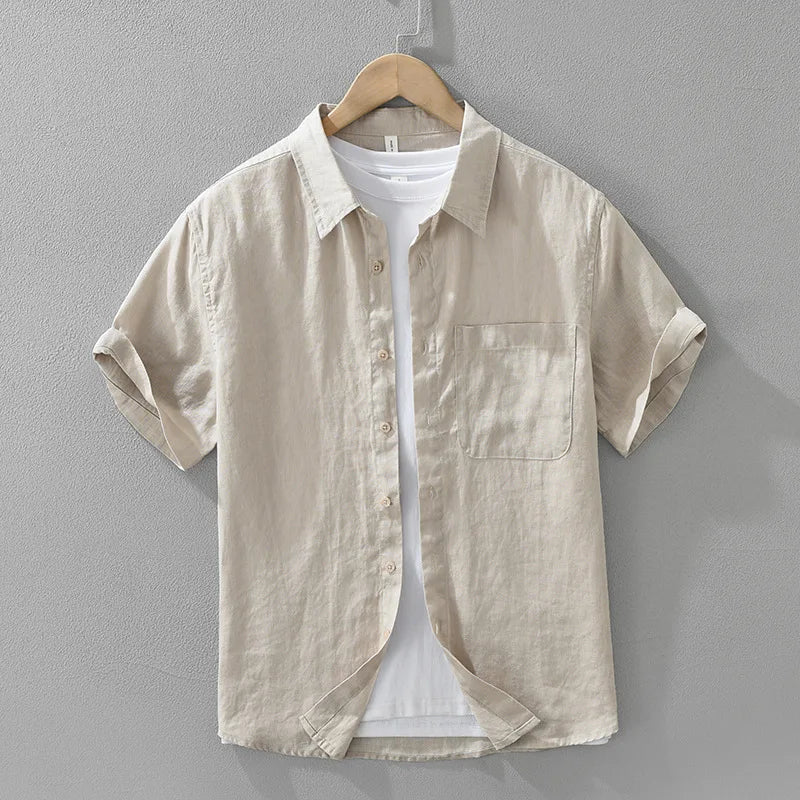 100% Linen Short Sleeve Shirt for Men Breathable Summer Casual Top Minimalist Loose Fit Button-Up Shirt  Natural Wrinkle Texture