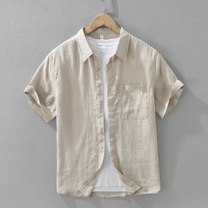100% Linen Short Sleeve Shirt for Men Breathable Summer Casual Top Minimalist Loose Fit Button-Up Shirt  Natural Wrinkle Texture