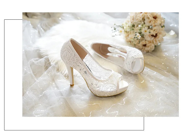 2025 New White Lace Wedding Shoes Fish Mouth High Heels Banquet Single Shoes Women