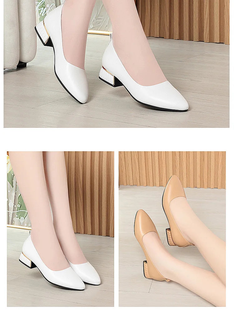 2026 Summer Women's Soft Leather Chunky Heel Pumps  Pointed Toe Low Heel Office Shoes White Work Dress Shoes Size 35-41