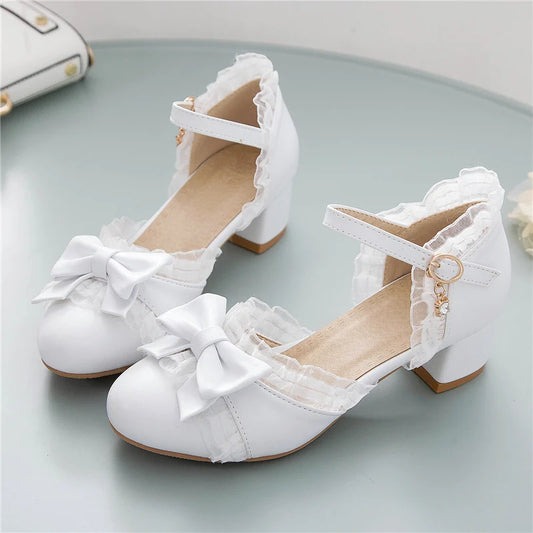 Sweet Japanese Lolita Princess Dance Shoes Girls Cute Bowtied Summer Shoes Round toe White Pink College Pumps Ladies Sandals