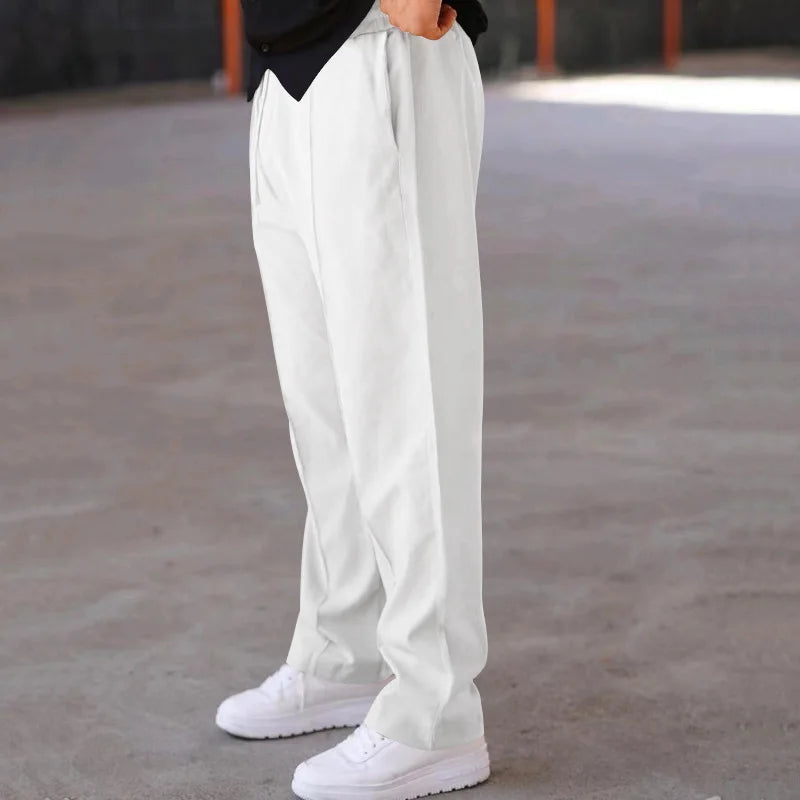 Men Casual LooseStraight Leg Dress Pants Elastic Drawstring Waist Front Seam Plain Wide Leg Trousers Daily Street Vacation Relax