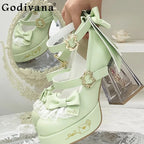 Original Design Lolita High Heeled Shoes Women Round Head Thick Sole Cute Shoes Female Versatile Elegant Mary Jane Pumps