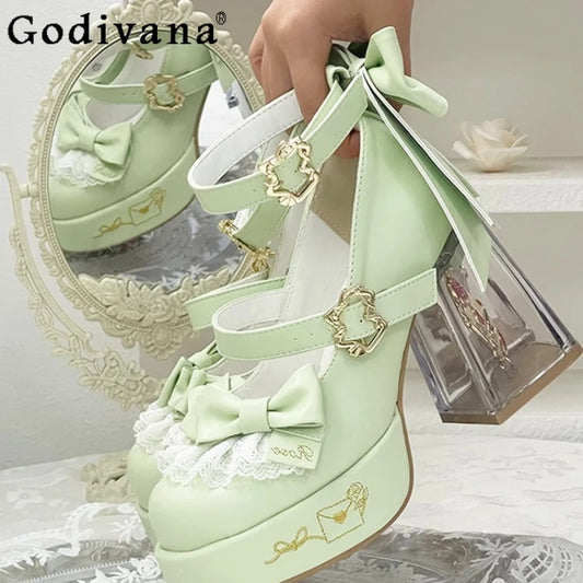 Original Design Lolita High Heeled Shoes Women Round Head Thick Sole Cute Shoes Female Versatile Elegant Mary Jane Pumps