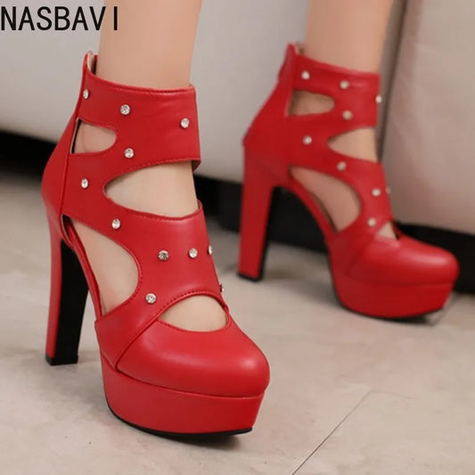NASBAVI Summer Fashion Women Sandals Round Toe Chunky Heels 12cm Platform 3.5cm Zipper Crystal Plus Size 48 49 50 Party Shoes